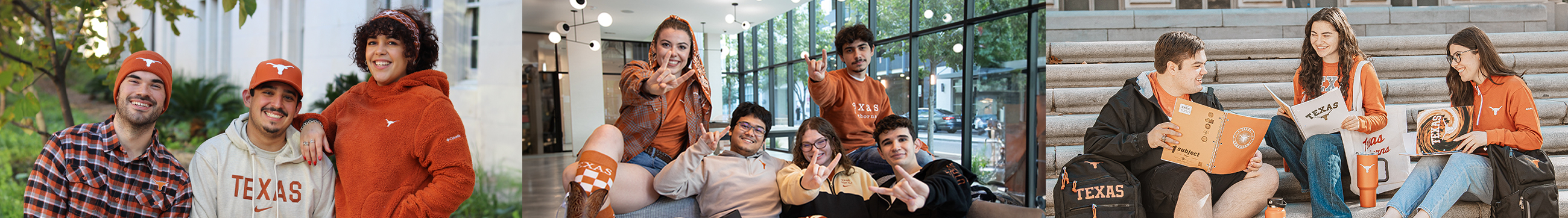 3 photos, each of groups of longhorns around campus wearing longhorn sweaters and outerwear